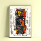Porsche 934 Turbo racing poster featuring detailed technical drawing and vibrant orange race car design